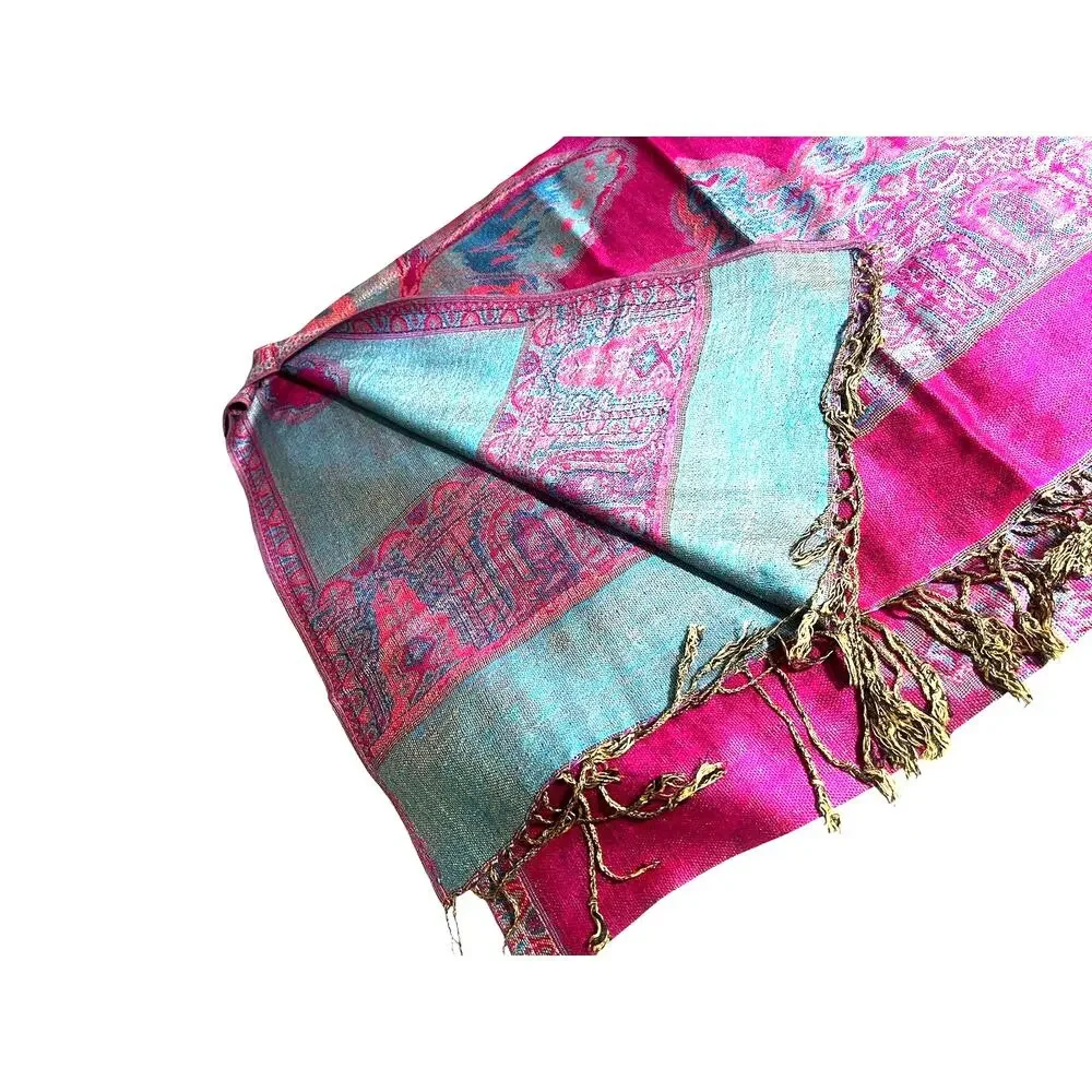 100 % Cashmere Pashmina Reversible Teal and Pink Butterflies and Medallion NWT